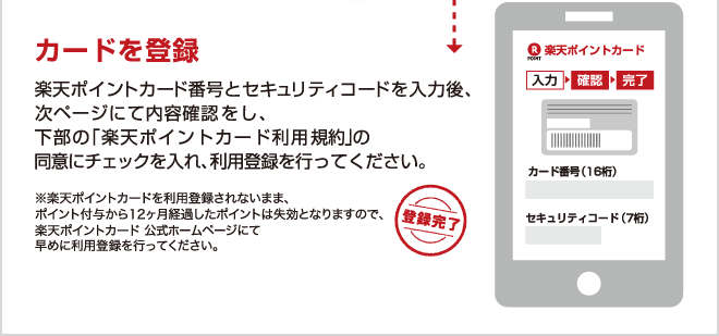 カードを登録　楽天ポイントカード番号とセキュリティコードを入力後、次ページに内容確認をし、下部の「楽天ポイントカード利用規約」の同意にチェックを入れ、利用登録を行ってください。　※楽天ポイントカードを利用登録されないまま、ポイント付与から12ヶ月経過したポイントは失効となりますので、楽天ポイントカード 公式ホームページにて早めに利用登録を行ってください。