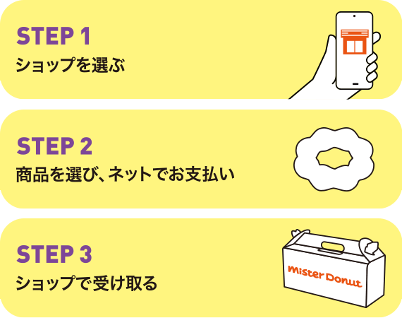 STEP1 ショップを選ぶ STEP2 商品を選び、ネットでお支払い STEP3 ショップで受け取る